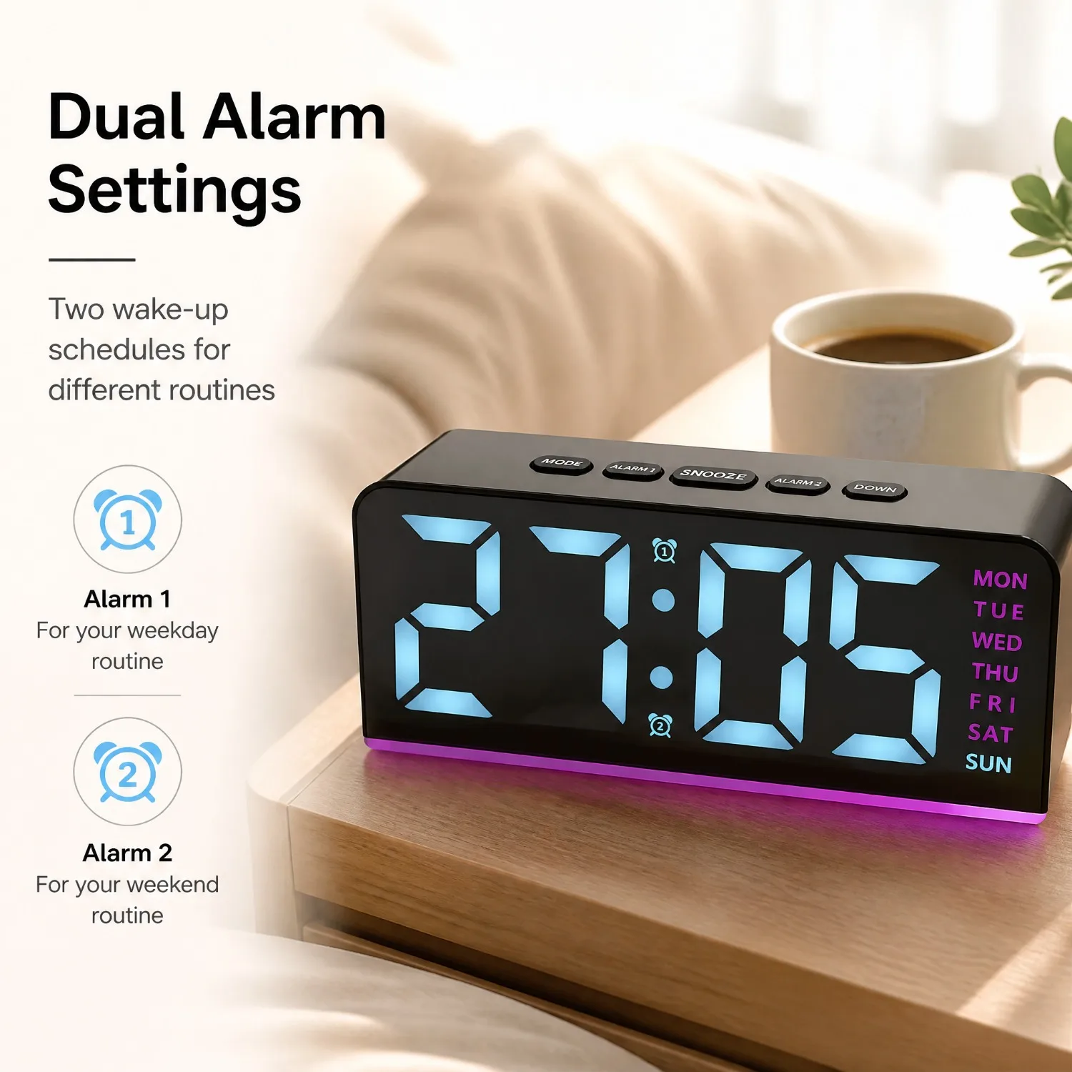 Digital Alarm Clock, Dual Alarm With Snooze & 3 Week Modes, Black Shell Pink Night Light, LED Clock With Dimmer, Time Date Week Temperature Display, Time Memory Ambient Clock For Bedroom Decor
