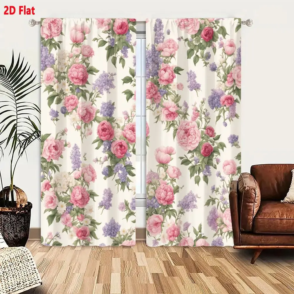 2Pcs Curtains 2D Flat Seamless Floral Pattern With Pink Roses And Purple Lilacs On Cream Background Window Drapes for Bedroom Ro