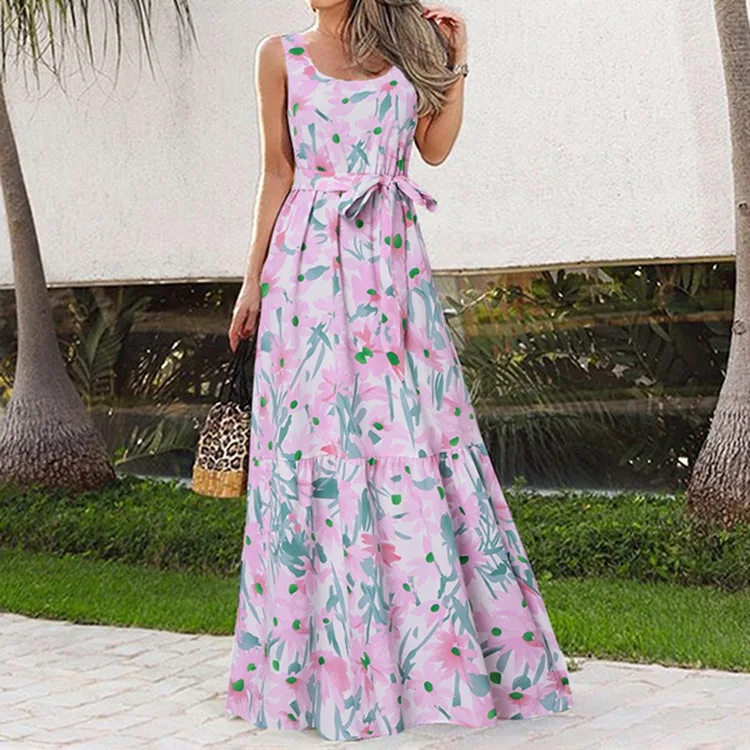 Summer Flower Print Sleeveless Long Dresses Women Elegant Casual Vacation Style Dress O Neck High Waist Leace-up Maxi Vestidos