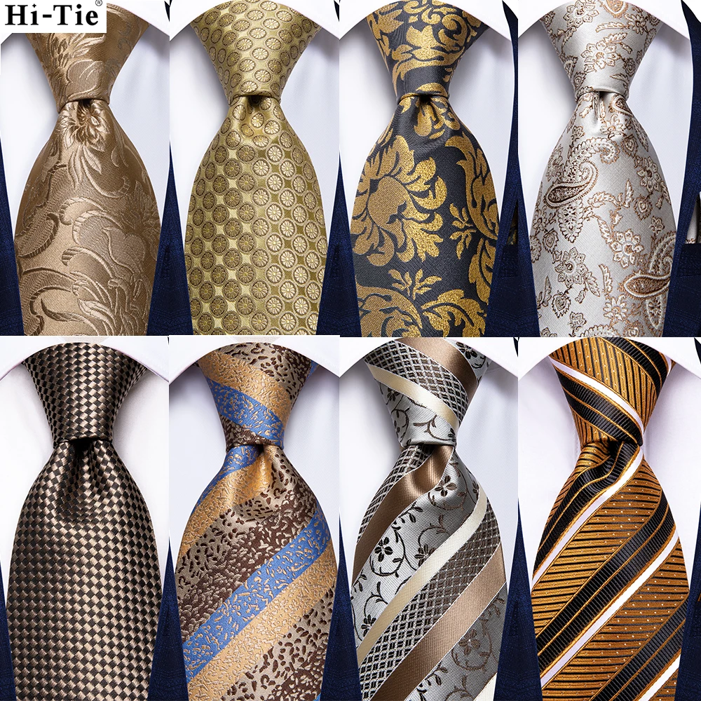 Hi-Tie Champagne Gold Striped Paisley Solid Men Silk Wedding Tie Fashion Design Necktie For Men Hanky Cufflink Business Party