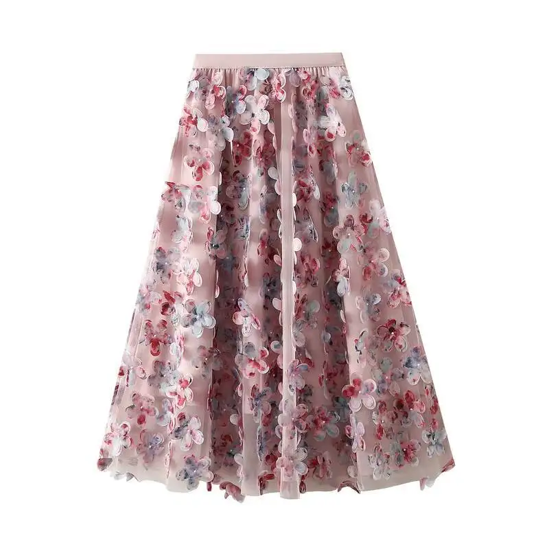 New 2025 Korean Fashion Women's Spring Autumn Luxury Flower Petal Mesh Midi Skirts Female Elegant High Waist A-line Tulle Skirt