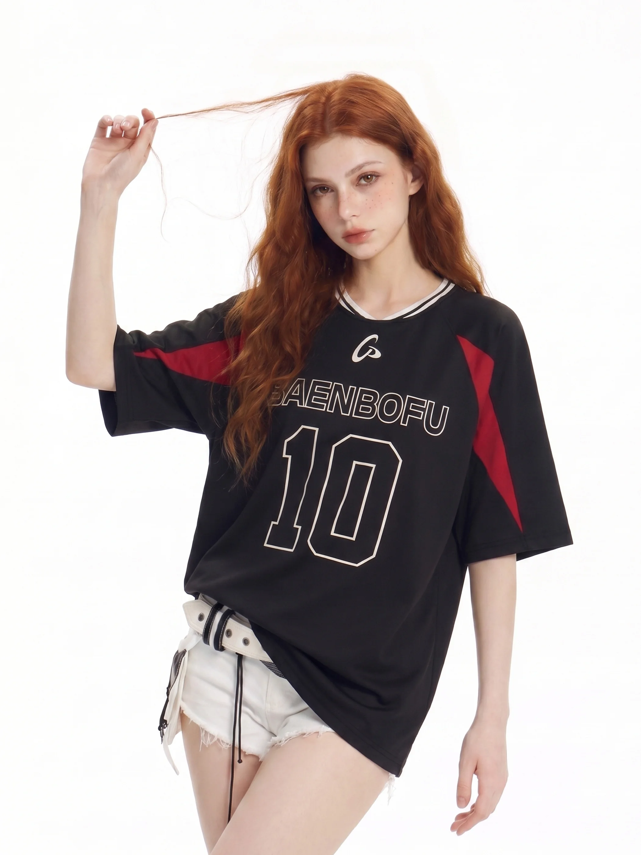 

Vintage American Color Block Design Short Sleeve T-Shirt Women's Loose Oversize Sportswear Beer Captain City Walk Casual Top