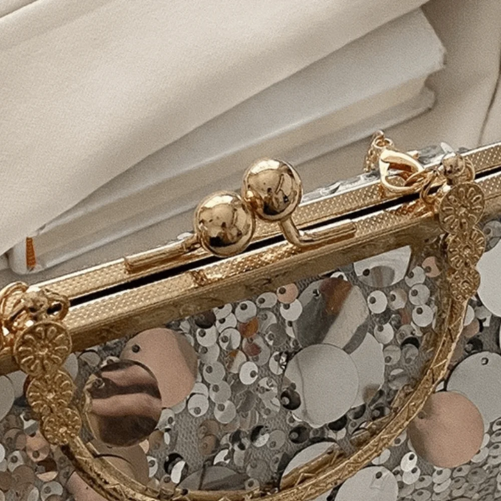 Vintage Sequined Evening Bag Round Handle Large Capacity Shoulder Bag Clip Chain Elegant Crossbody Bag Women