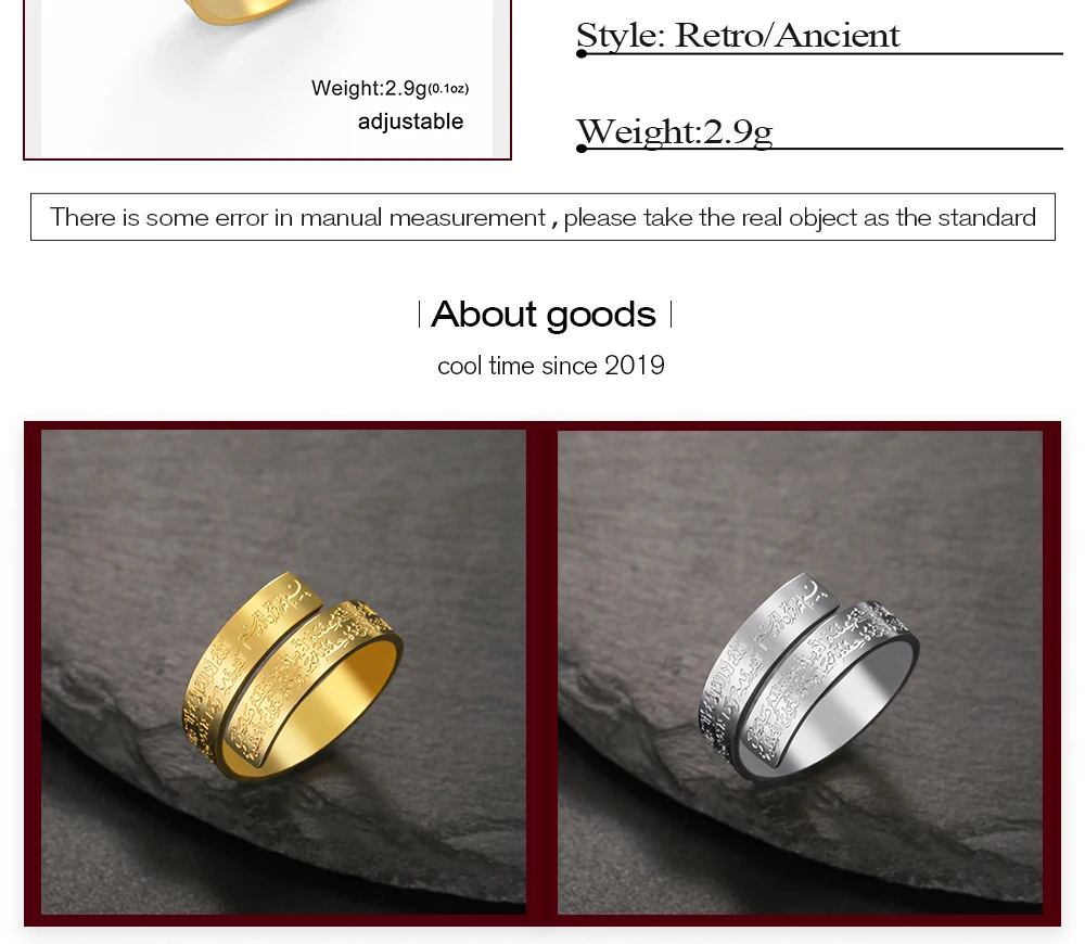 CoolTime Ayatul Kursi Edelstahl Verstellbarer Ring mit Koran-Kalligraphie Muslimischer Schmuck Eid Al Adha Muhammad Segen – Detail 3