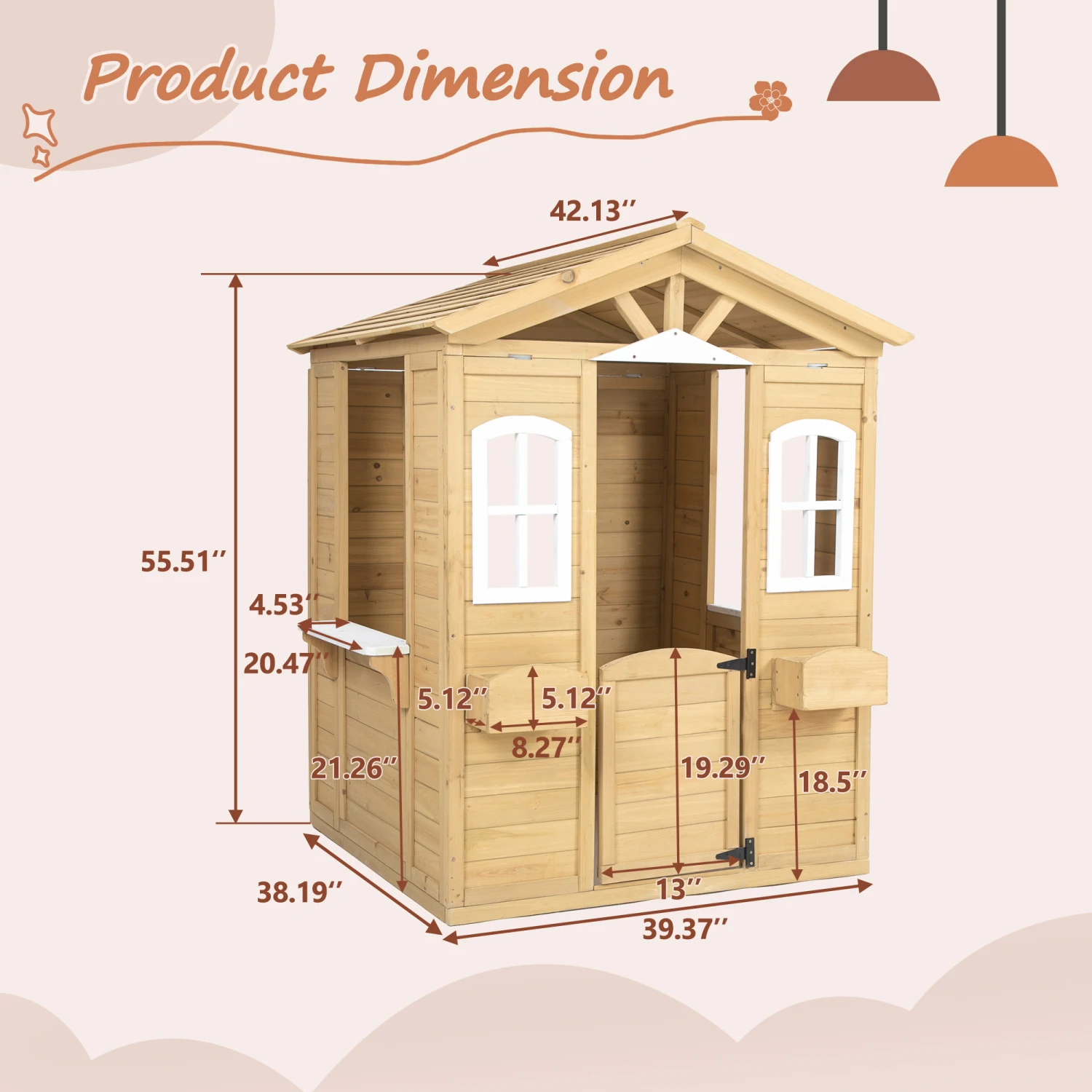 Kids Outdoor Wooden Playhouse with Working Door, Windows, Mailbox, Flowers Pot Holder