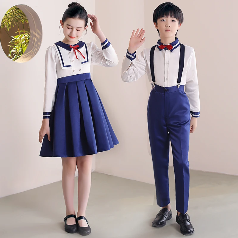 Uniforme scolastica per bambini studenti primari bambini Costume da coro ragazzi ragazze gonna blu Navy vestito da marinaio Costume da coro