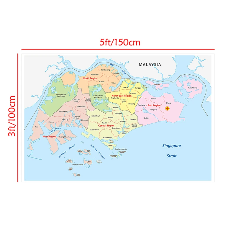 150*100cm 싱가포르 행정지도 영어 월 아트 포스터 부직포 캔버스 페인팅 프레임이없는 인쇄 홈 인테리어