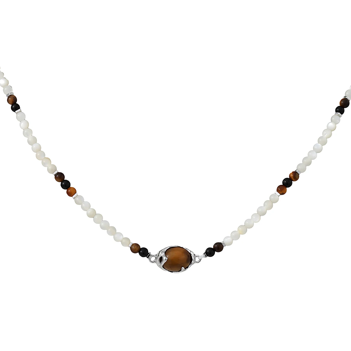 

Niche & Unique Minimalist Aesthetic High-End Tiger's Eye & Black Agate Necklace White Shell & S925 Sterling Silver Choker-Length
