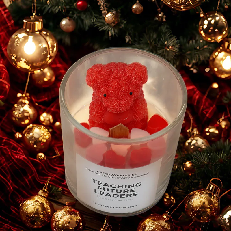 8x9cm Handcrafted Rose Bear Scented Candle, Transparent Glass Cup, Light Soy Wax, Smokeless Festival Birthday Gift