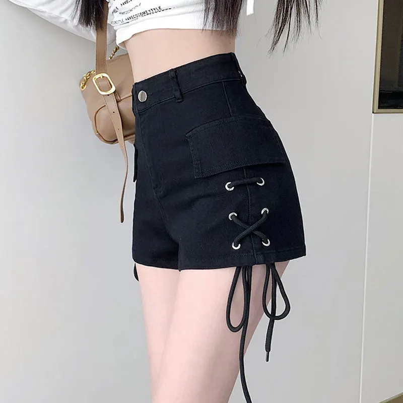 Summer High Waist Elastic Shorts Solid Color All-match Stylish Bandage Women\'s Clothing Hotsweet Spliced Korean Straight Shorts