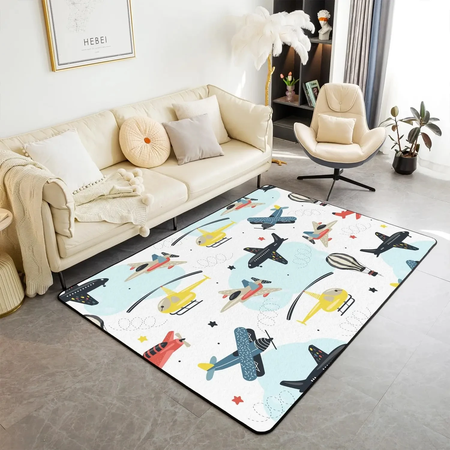 Cartoon Airplane Carpet Non Slip Aircraft Rug Fighter Plane Floor Mat Transportation Print Doormat for Boys Teen Bedside Decor
