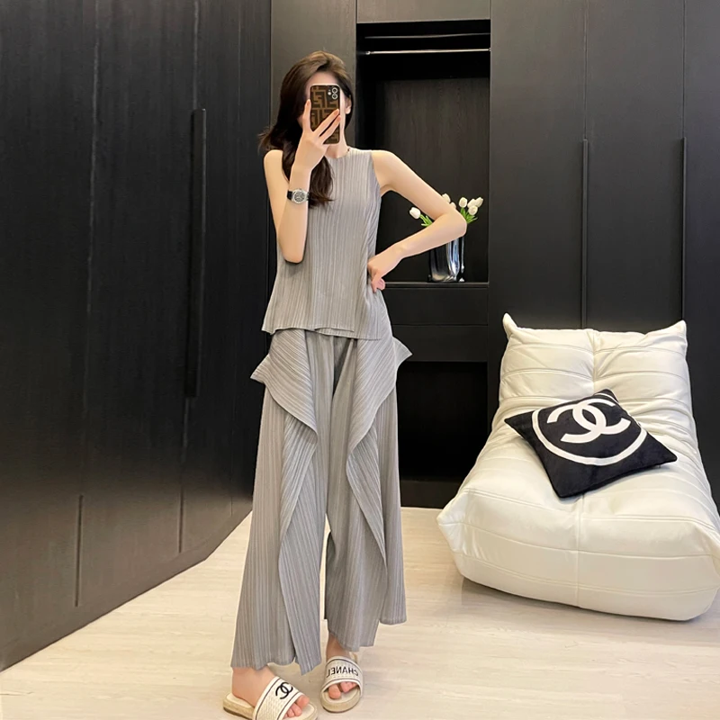 Miyake Pleated Irregular Sleeveless Top and Pants Set Japanese Classic Wide Leg Pants Two Piece Set  Aesthetic Clothes