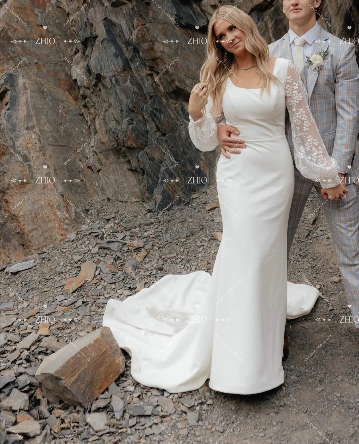 ZHIO فستان زفاف بسيط بياقة مربعة وأكمام طويلة حورية البحر فستان زفاف نسائي أمريكي مخصص أنيق فيستدو دي نوفيا