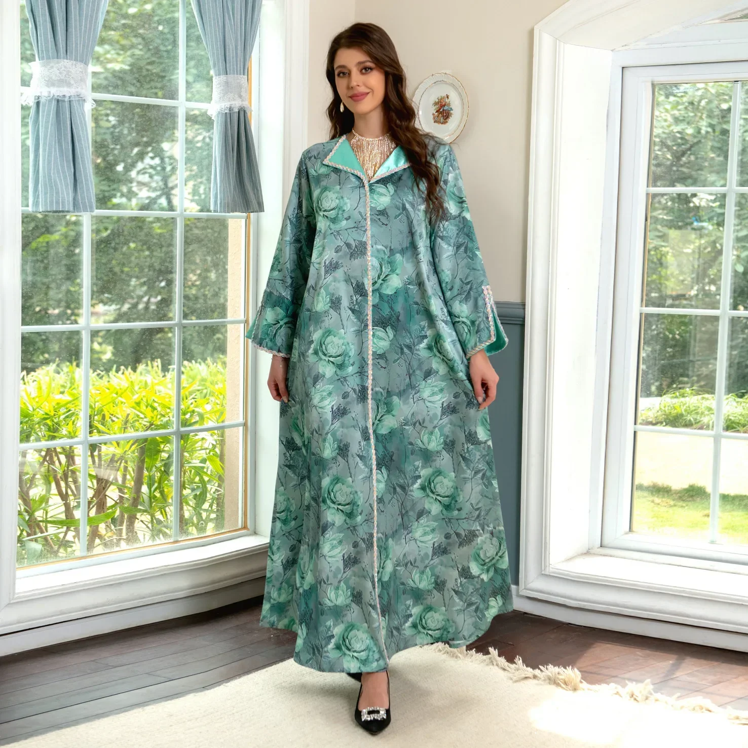 

Fashion Floral Printed Satin Full Sleeve Abayas Women Loose Maxi Muslim Dress Casual Loose Robe Diamond Clothes for Muslim Women