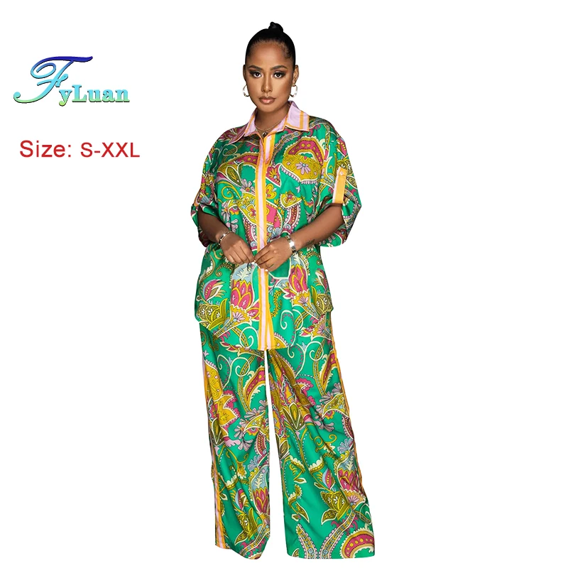 

Long Sleeve Casual Pattern Print Women’s Turn Down Collar Button Up Shirt Top And Wide Leg Pants Set Female Holiday Lounge Sets