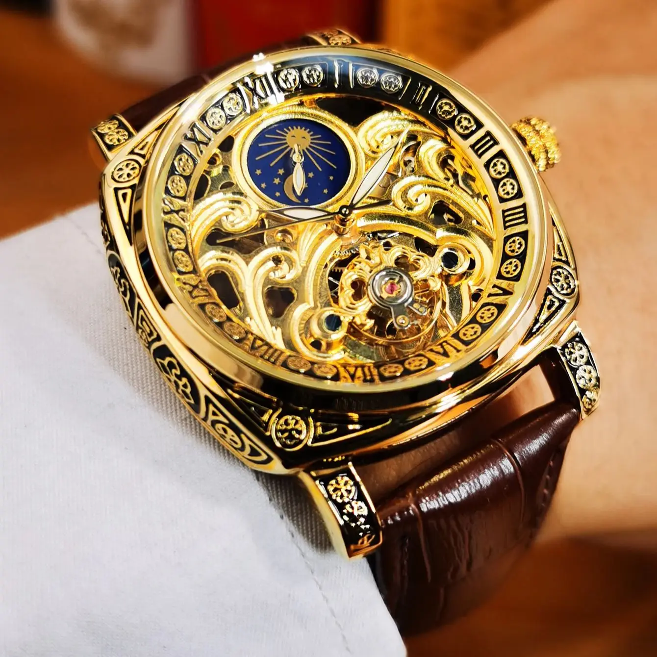 

AOKULASIC Fashion Gold Mechanical Watches Luxury Tourbillon Skeleton Automatic Watch for Men Leather Strap Business Wristwatches