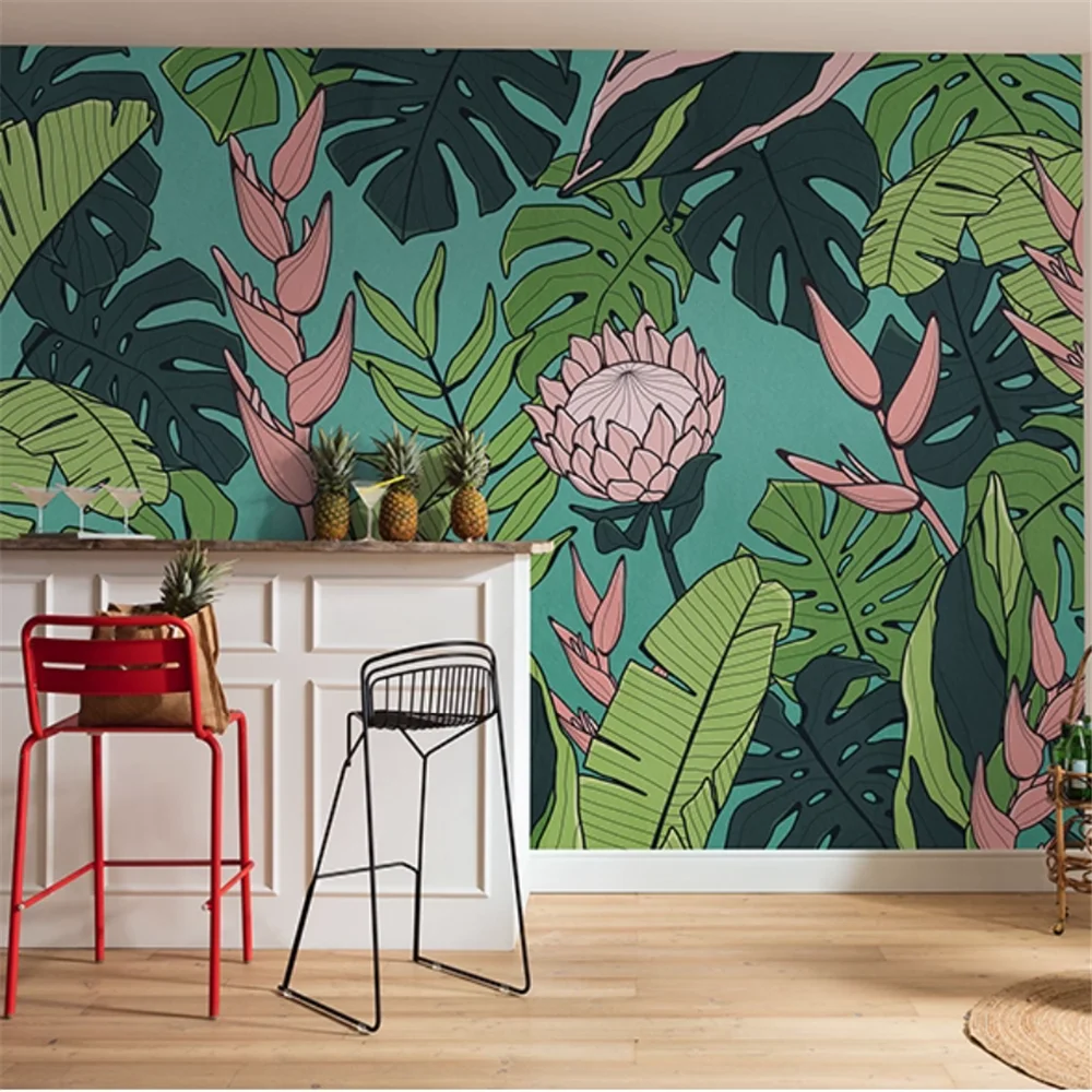

Пользовательские скандинавские обои с банановым листом, тропические растения, фреска, ТВ, фон, искусство, 3D обои, обои для ресторана, отеля