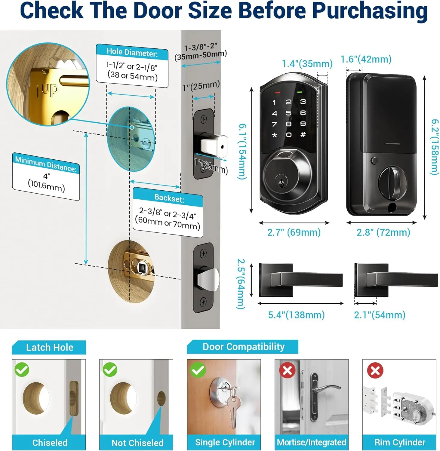 Serrature intelligenti, controllo app, ingresso senza chiave, catenaccio con tastiera digitale elettronica, blocco automatico, impermeabile, facile da installare, nero opaco