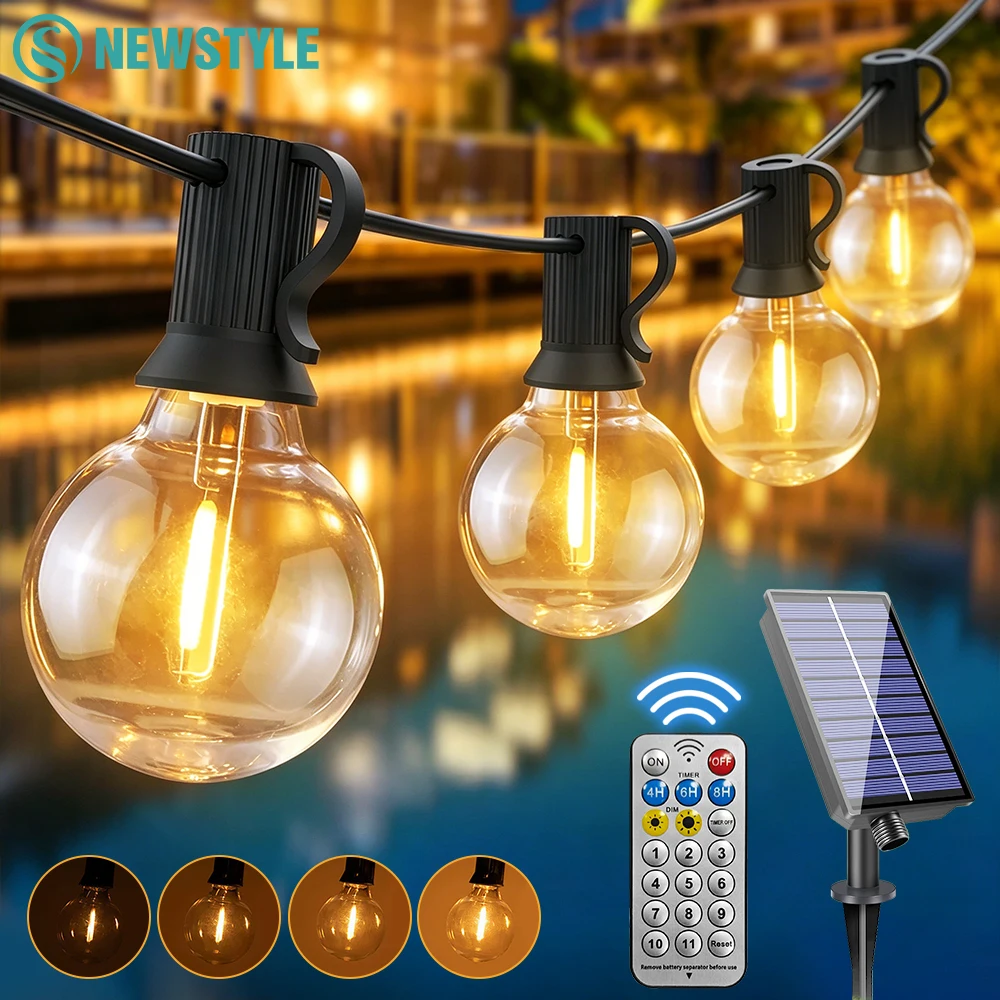 G40 Solar String Lights IP65 Waterproof Remote Dimming 11 Lighting Modes Timer Outdoor Solar  LED String Lights for Garden Decor