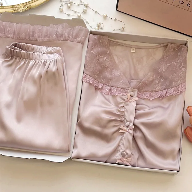 French Retro Court Style Pijamassuit Sexy Spring New Lace Splicing Pajamas Set Sleepwear Lounge Wear Loose Satin Home Clothes