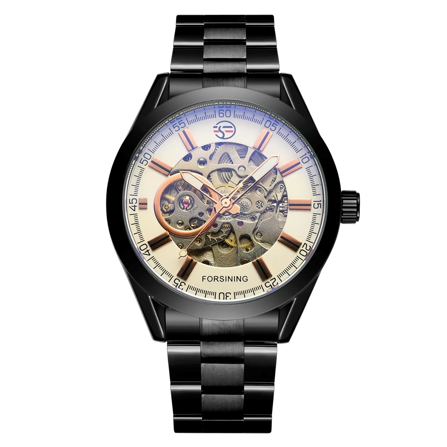 FORSINING Black mechanical watch hollow double nail scale mechanical watch leisure style single ring steel strap wrist watch