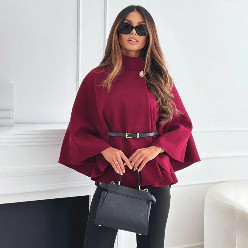 

2024 Women's Winter Coat Fashion Elegant Bat Sleeve Canopy Coats Female Korean New Year Red Black Outerwear Overcoat New In