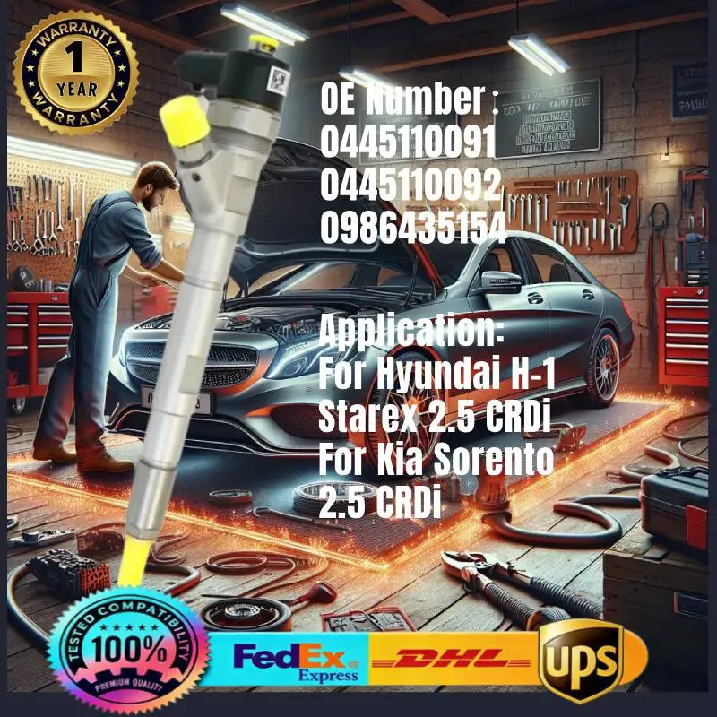 

0445110091 0445110092 0986435154 Common Rail Fuel Injector for Hyundai H-1 Starex 2.5 CRDi For Kia Sorento 2.5 CRDi, Engine D4CB