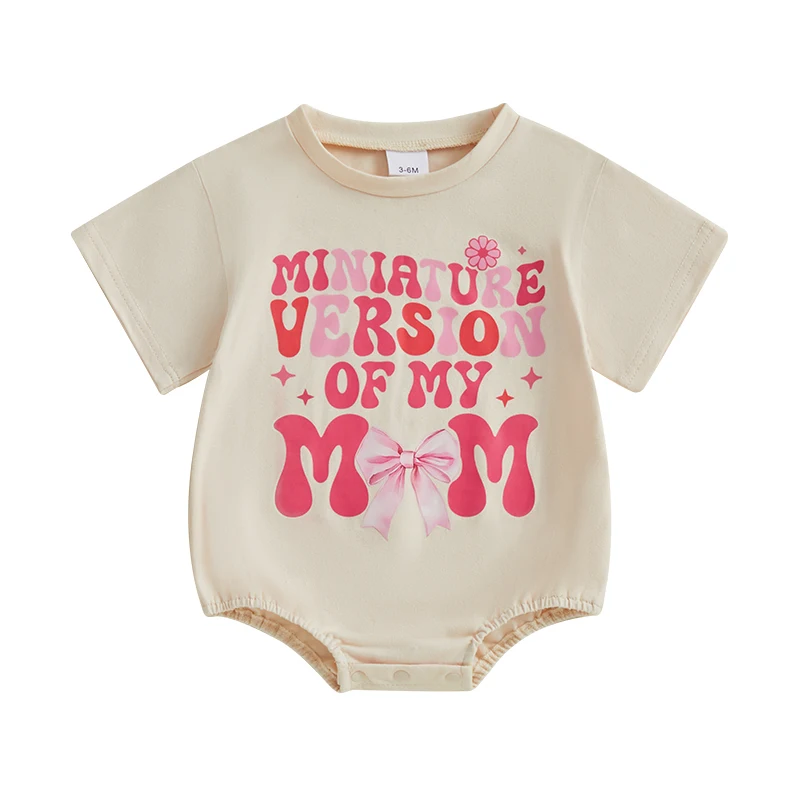 

0-18 Months Baby Girl Romper for Summer Loose Fit Letter Bow Print Crew Neck Short Sleeve Infant Jumpsuit