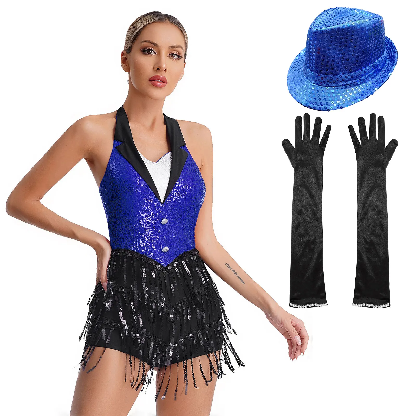 Women's Modern Latin Dance Costumes Shiny Sequins BallroomJazz Tango Salsa Dance Leotard Tuxedo Bodysuit Halloween Party Costume