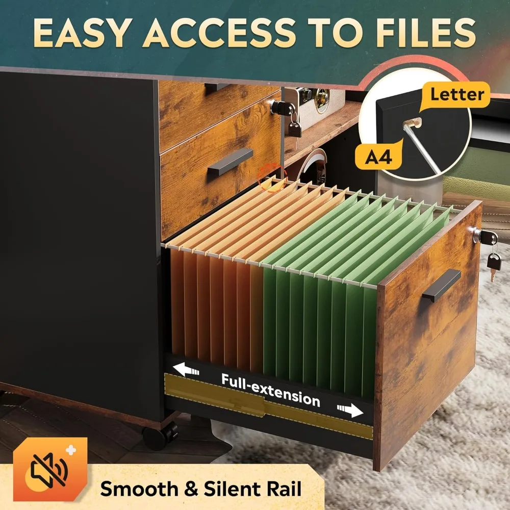 3-Drawer Wooden Lockable Lateral File Cabinet, Mobile Office Filing System with Open Storage Shelves for Home and Office Organiz