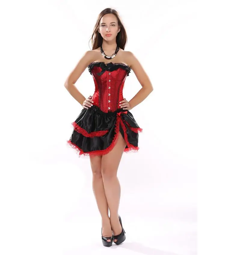 Red Satin Palace Overbust Corset Dancer Showgirl Corset Tops + Tu Tu Skirts Dress Waist Cincher Bustier Plus Size S-2XL