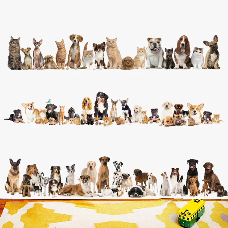 Cute Pet Baby Dog Cat Vinyl Wall Baseboard Stickers for Home Decoration Aesthetic Room Bedhead Lifelike Funny Doggy Kitty Poster