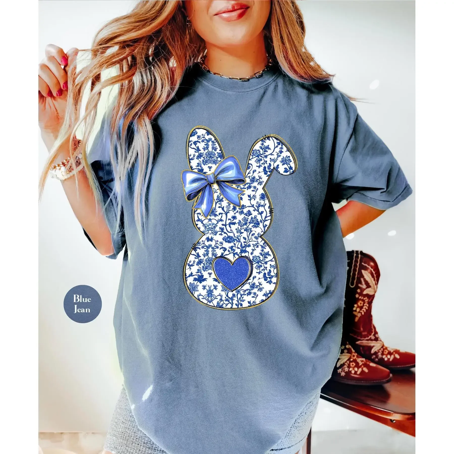 Cute Easter Bunny T Shirt Blue Toile Lover Chinoiserie OutfiT