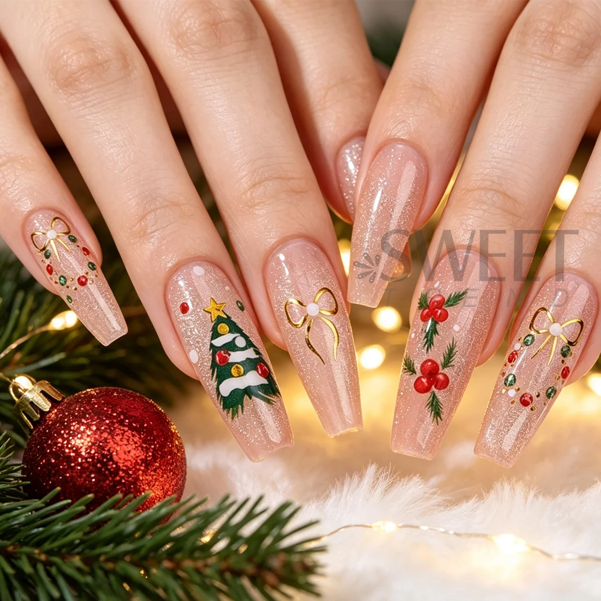 2pcs Bronzing Winter Holly Nail Stickers Metal Gold Snowflake Xmas Tree Bow Clock Decals DIY Christmas Party Manicure Decor Tips