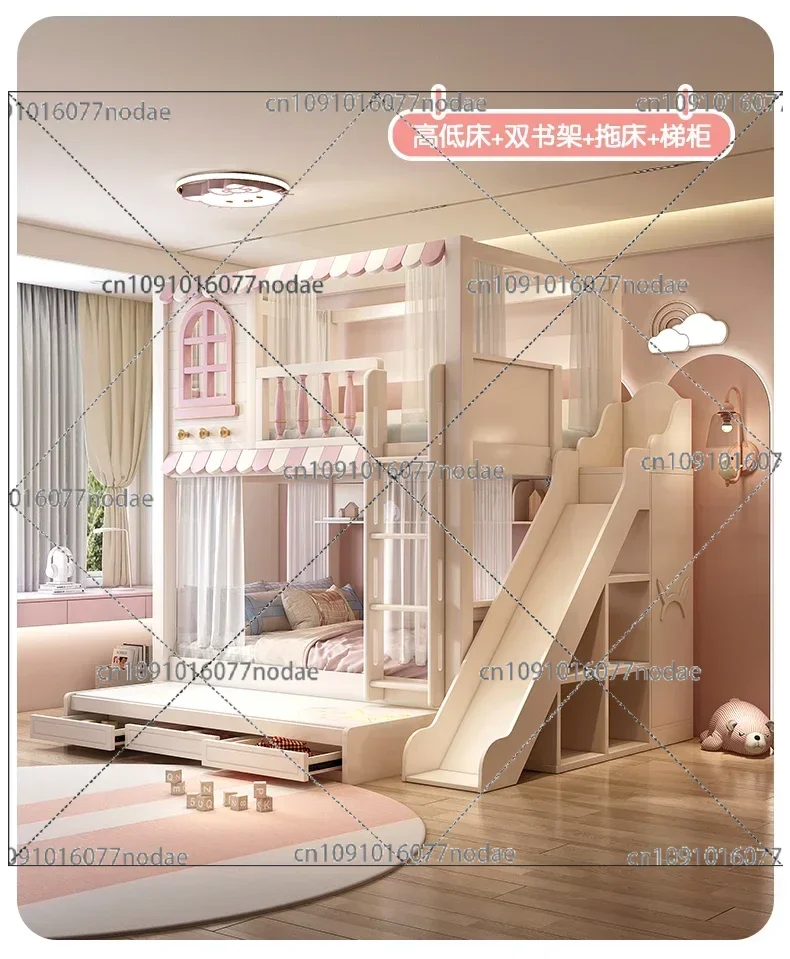 

Pink upper and lower bunk beds, all solid wood high and low structures on the roof, windows with guardrails, slides