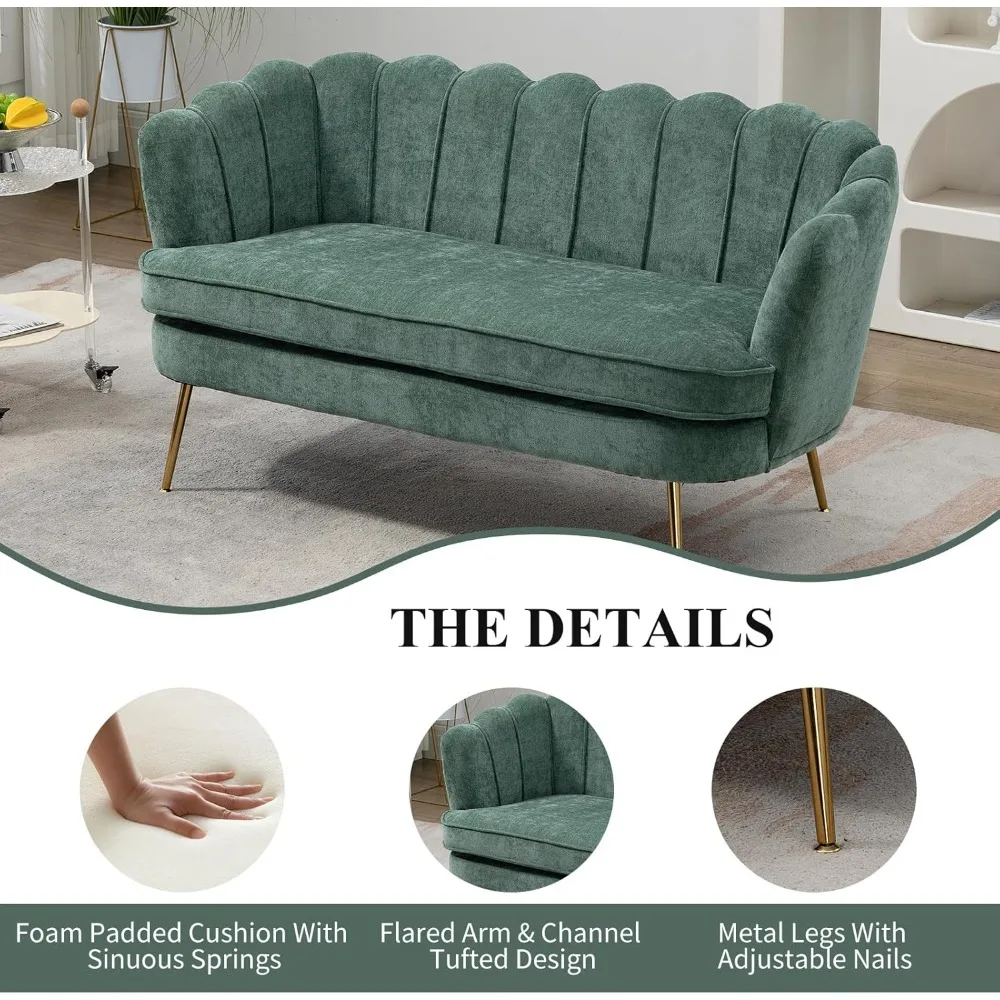 أريكة عصرية بمقعدين من الشنيل على شكل بتلة، أرجل معدنية ذهبية، أريكة صغيرة للترفيه، مقاس صغير مريح للجلوس #5