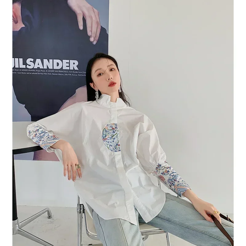 

White Shirt Style Women's Blouse French Simplicity Polo Collar Long Sleeves Casual Tops Embroidery Chic Design Vintage Shirts