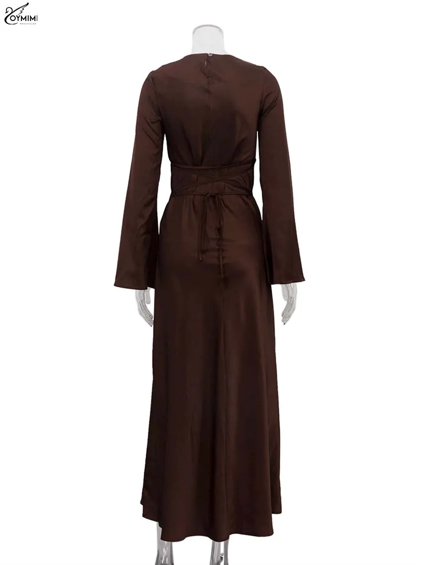 Oymimi Elegant Brown O-Neck Women's Dress Fashion Long Sleeve Slim Simple Dresses Casual Straight Ankle-Length Dresses Female