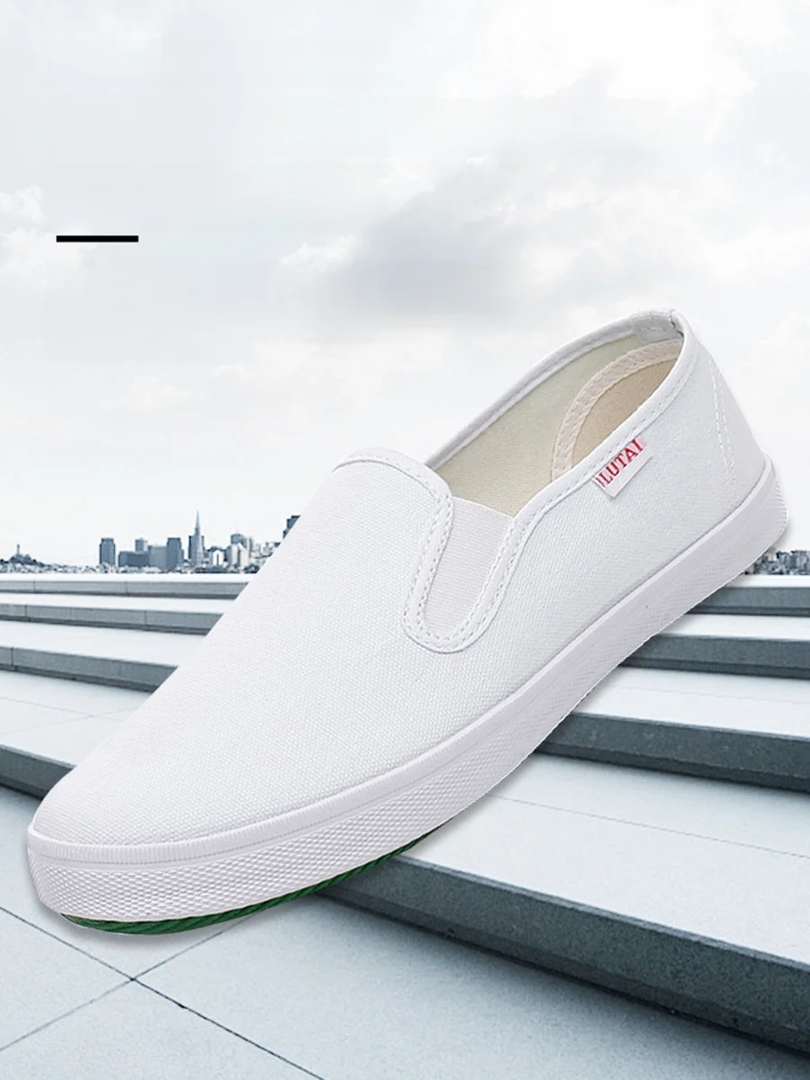 Low-Top LuTai White Canvas Shoes Simple Slip-On Work Shoes round Toe Flat Heel Universal Footwear Worn-In Comfort Rubber Sole