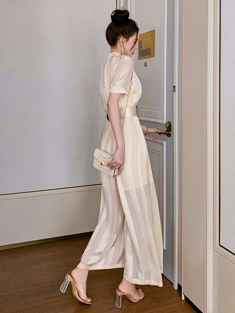 Summer Women Jumpsuit Elegant Noble Professional Fashion Striped V-neck Adjustable Waist Long Wide Leg Rompers Office OL Street