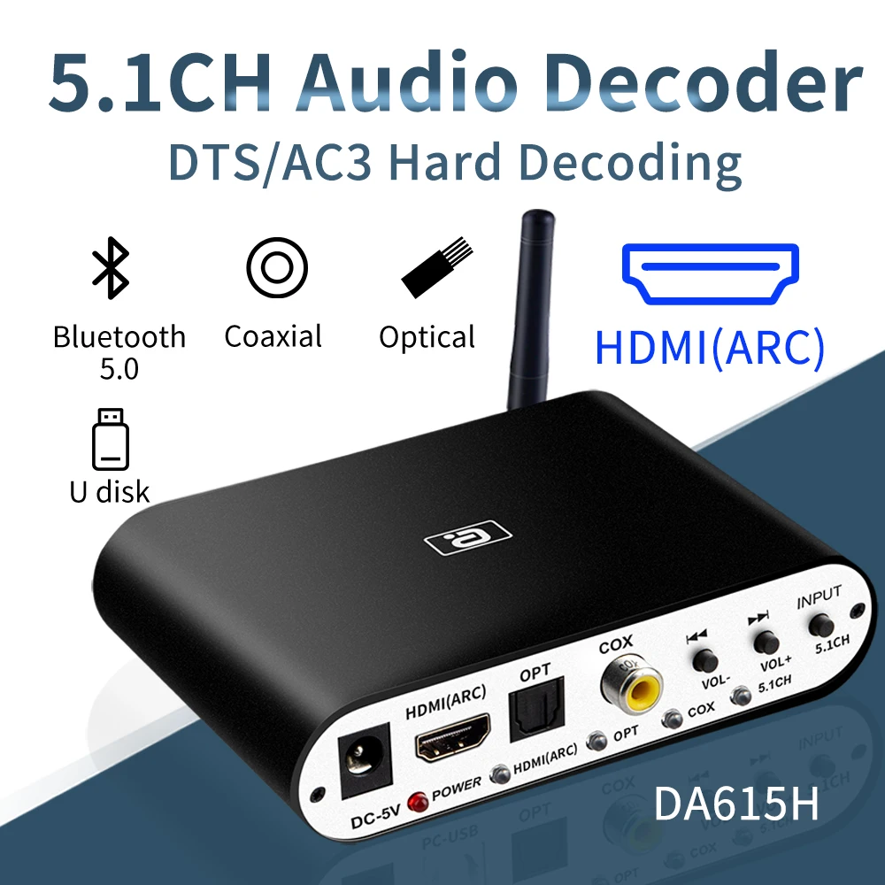 Top DA615H 5.1CH Audio Decoder Bluetooth 5.0 Reciever DAC Wireless Audio Adapter Optical Coaxial U play ARC DAC DTS AC3