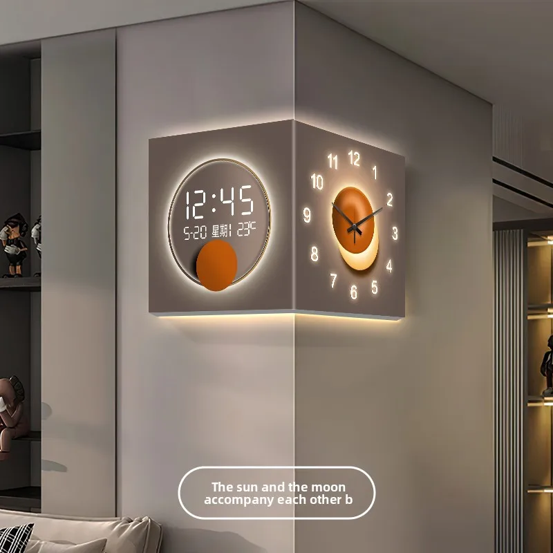 

European Style Double-sided Turn Corner Decorative Wall Clock Living Room Digital Display Clock Mural Perpetual Calendar Watch