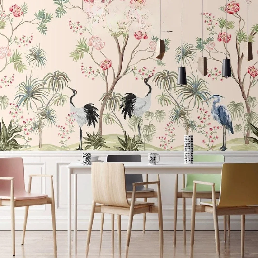 Customized Wallpaper New Chinese Flower Bird Crane Tree flower bird painting Sofa Study TV Background Wall Decorative Wallpaper