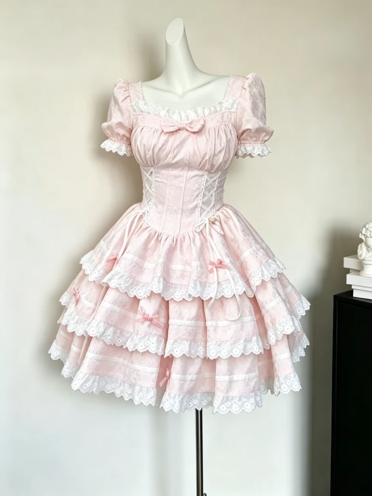 Kawaii Süßes Französisches Kawaii Schönes Schleifenkleid mit Spitze für Damen Puffärmel Schlankes Rosa Tortenkleid Hübsches Feenprinzessinnenkleid Neu