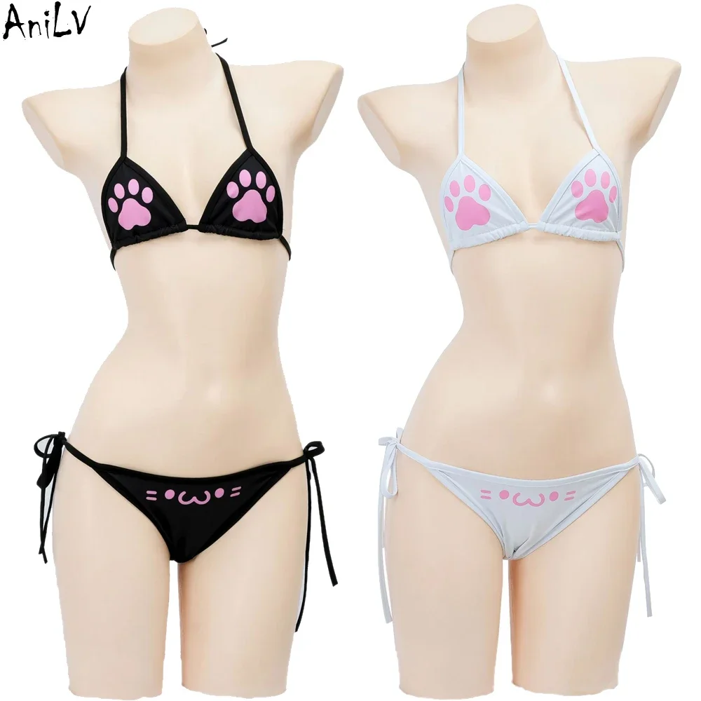 

AniLV Anime Kawaii Girl Cute Cat Paw Bikini Swimsuit Women Claw Pattern Three Point Underwear Set Costume Cosplay