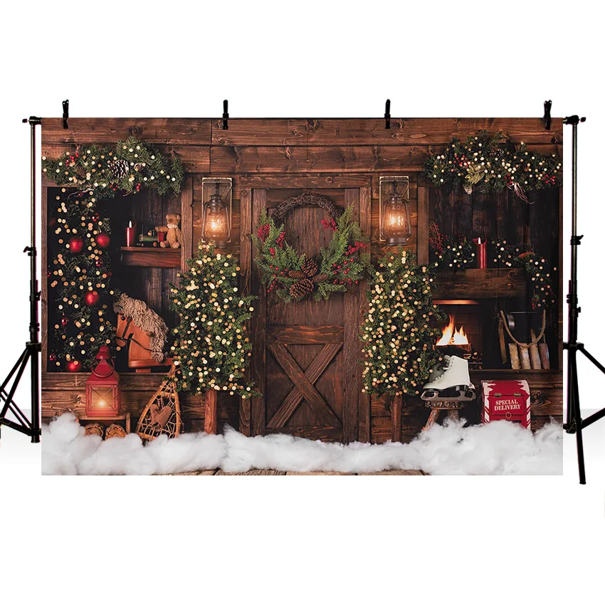 Mehofond Christmas Rustic Wood Door Backdrop for Photography Vintage Xmas Tree Glitter Children Holiday Background Photo Studio