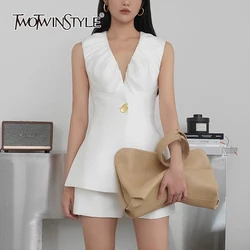 TWOTWINSTYLE Solid Slim Two Piece Set For Women V Neck Sleeveless Spliced Folds Top High Waist Shorts Minimalist Set Female New