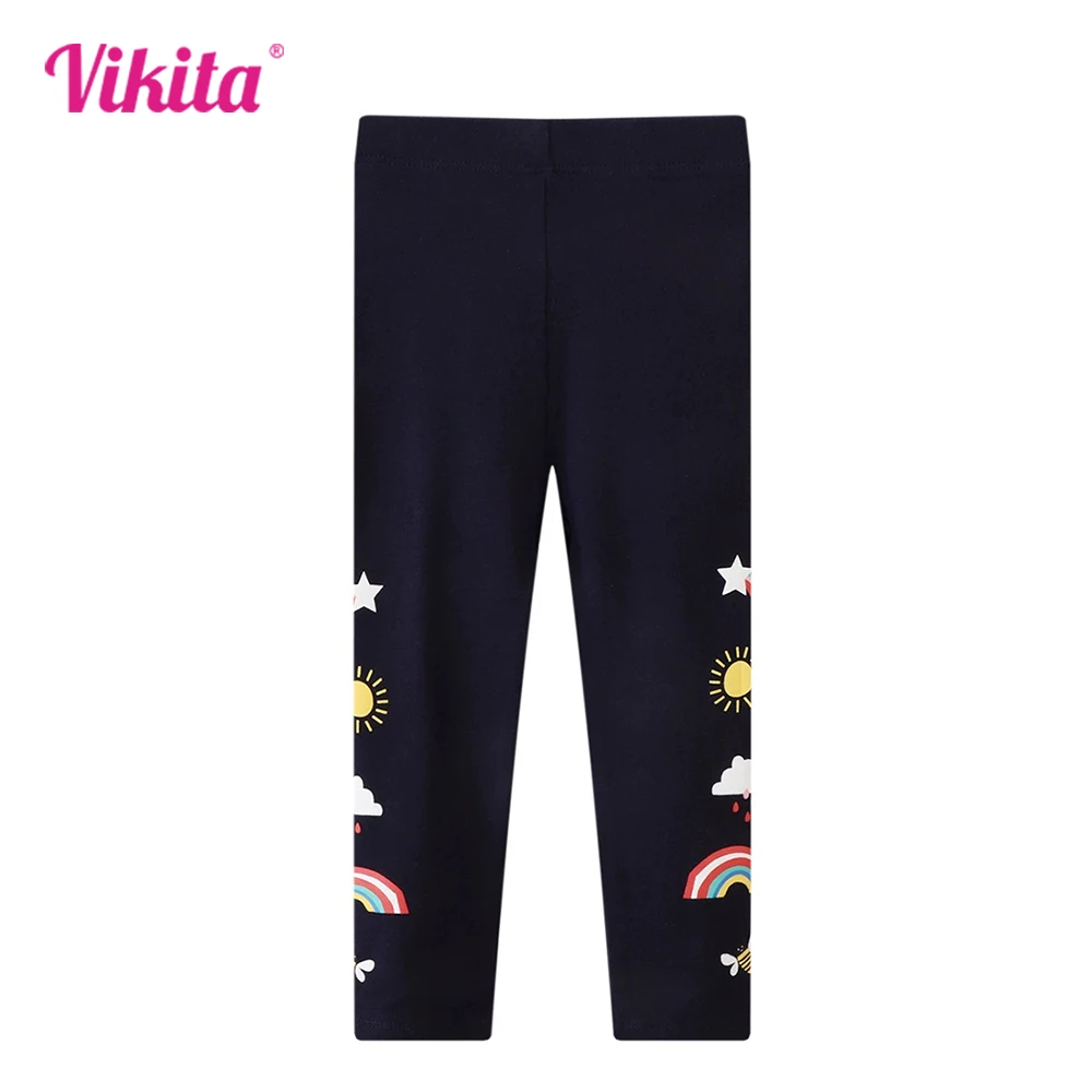 

VIKITA Children Clothes Kids Rainbow Cloudy Print Cartoon Skinny Pencil Pants Navy Blue Leggings Girls Cotton Casual Trousers