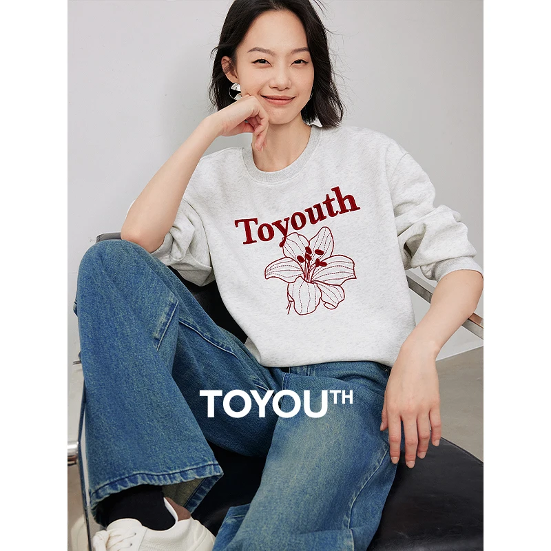 

Toyouth Women Sweatshirt 2024 Autumn Long Sleeve O Neck Loose Hoodie Letter Flower Embroidery Casual Comfort Five Colors Tops