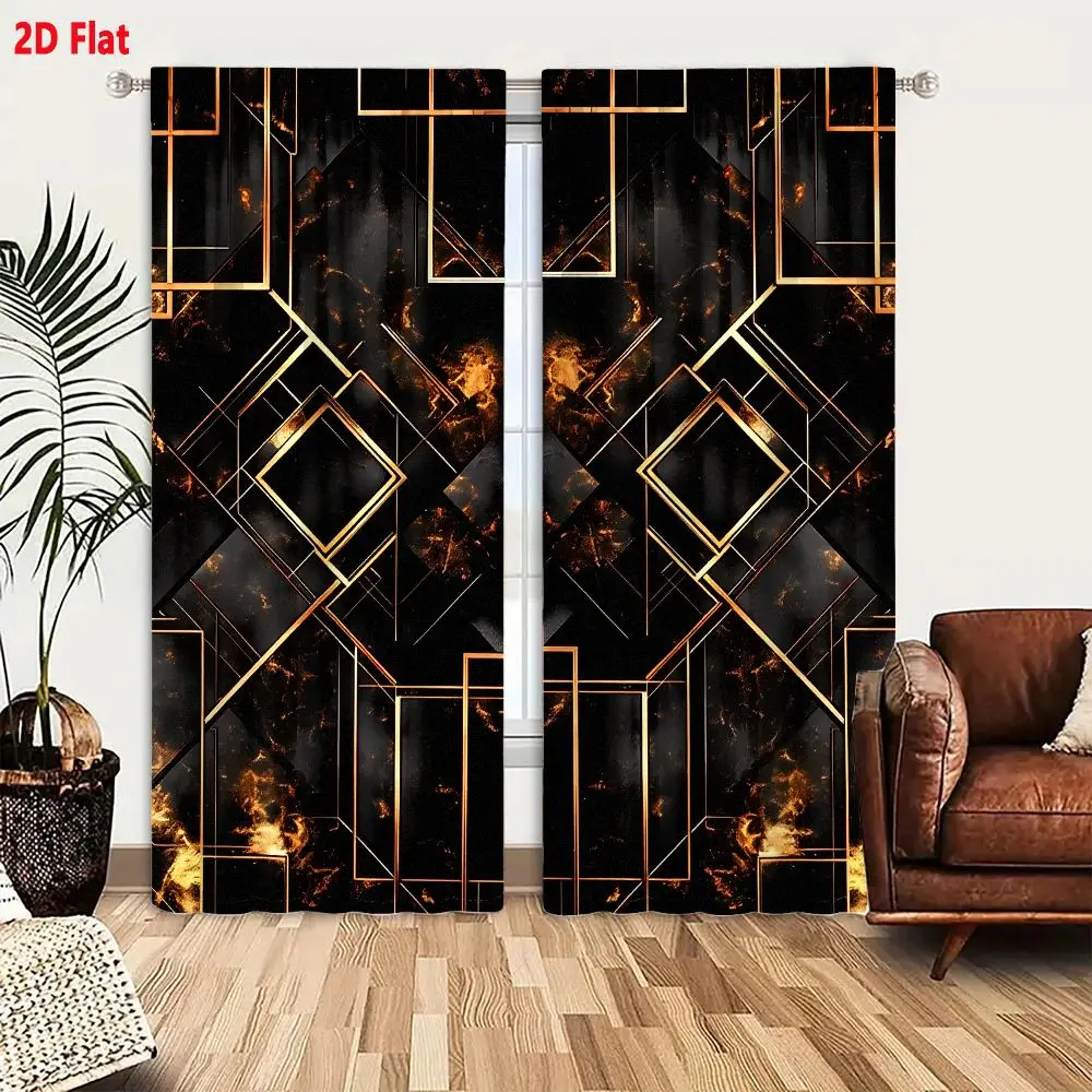 2Pcs Curtains 2D Flat Abstract Geometric Art Deco Pattern With Metallic Gold Lines And Glowing Fiery Elements On Dark Textured B